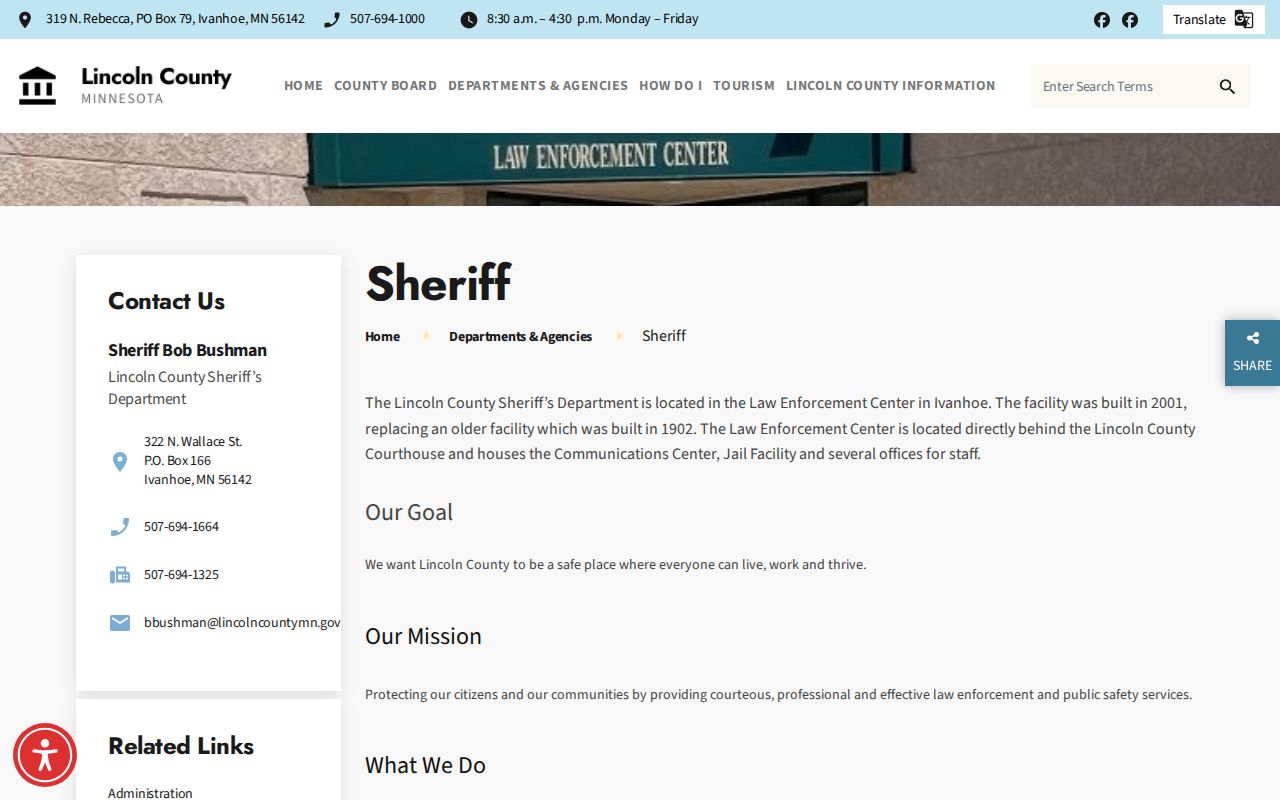 Lincoln County Sheriff and Law Enforcement Center page with no public active warrant list