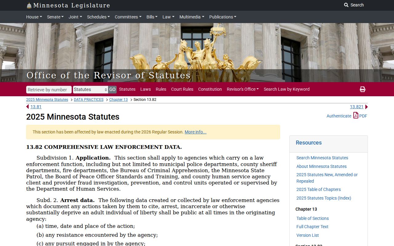 Minnesota law enforcement data statute showing Lincoln County arrest warrant index confidentiality