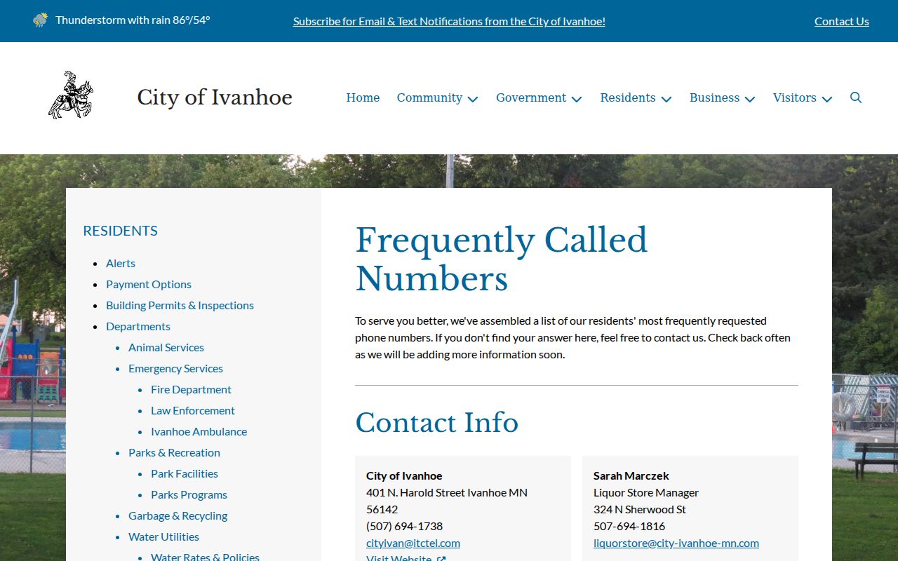 Ivanhoe official contact list showing no city police line for Ivanhoe warrant records