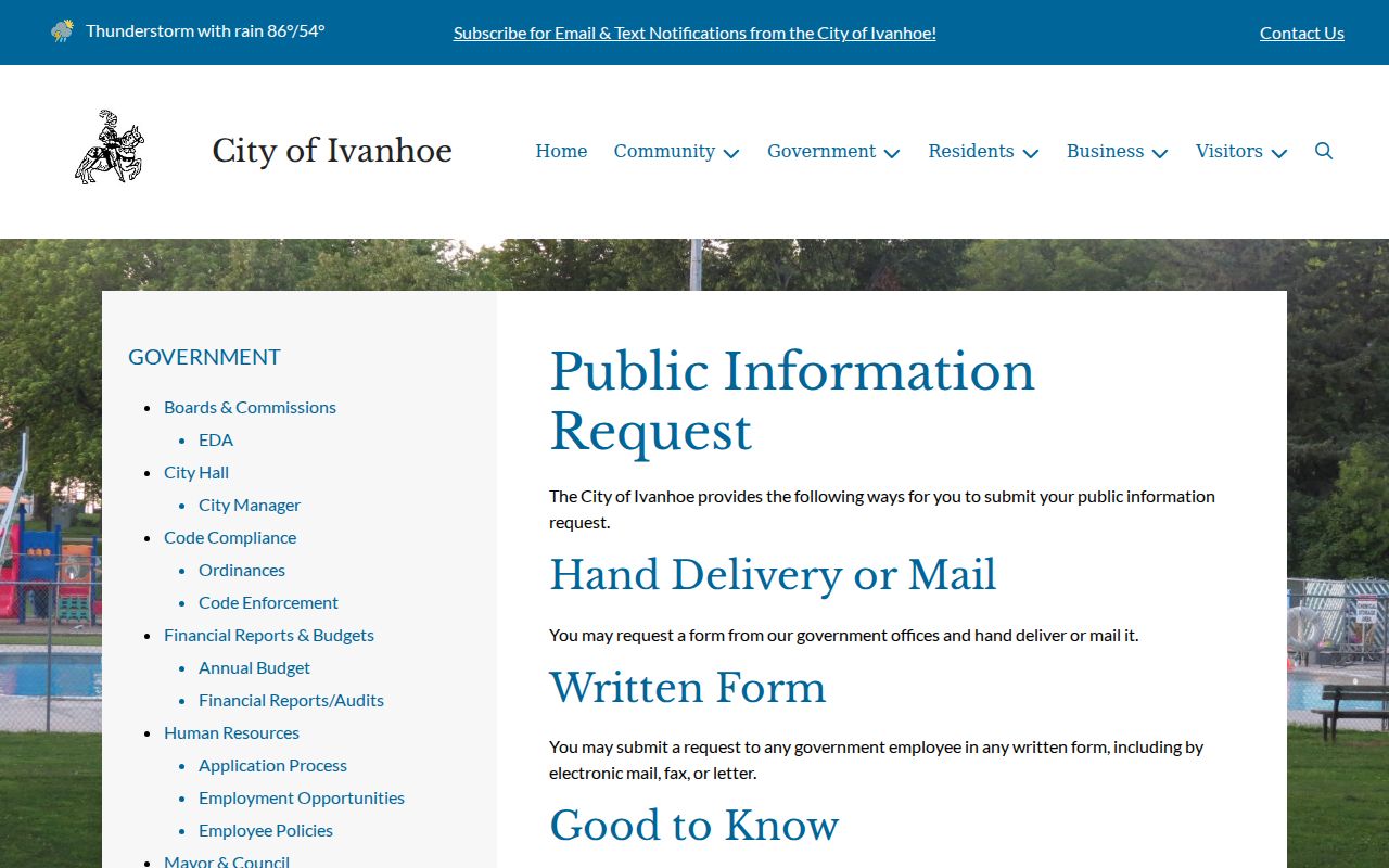 Ivanhoe written public information request page for city and warrant records
