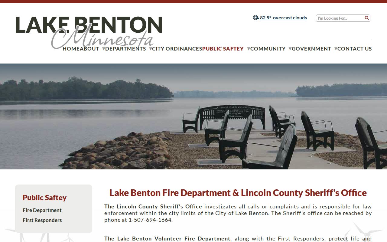 Lake Benton public safety page assigning city law enforcement to the Lincoln County Sheriff