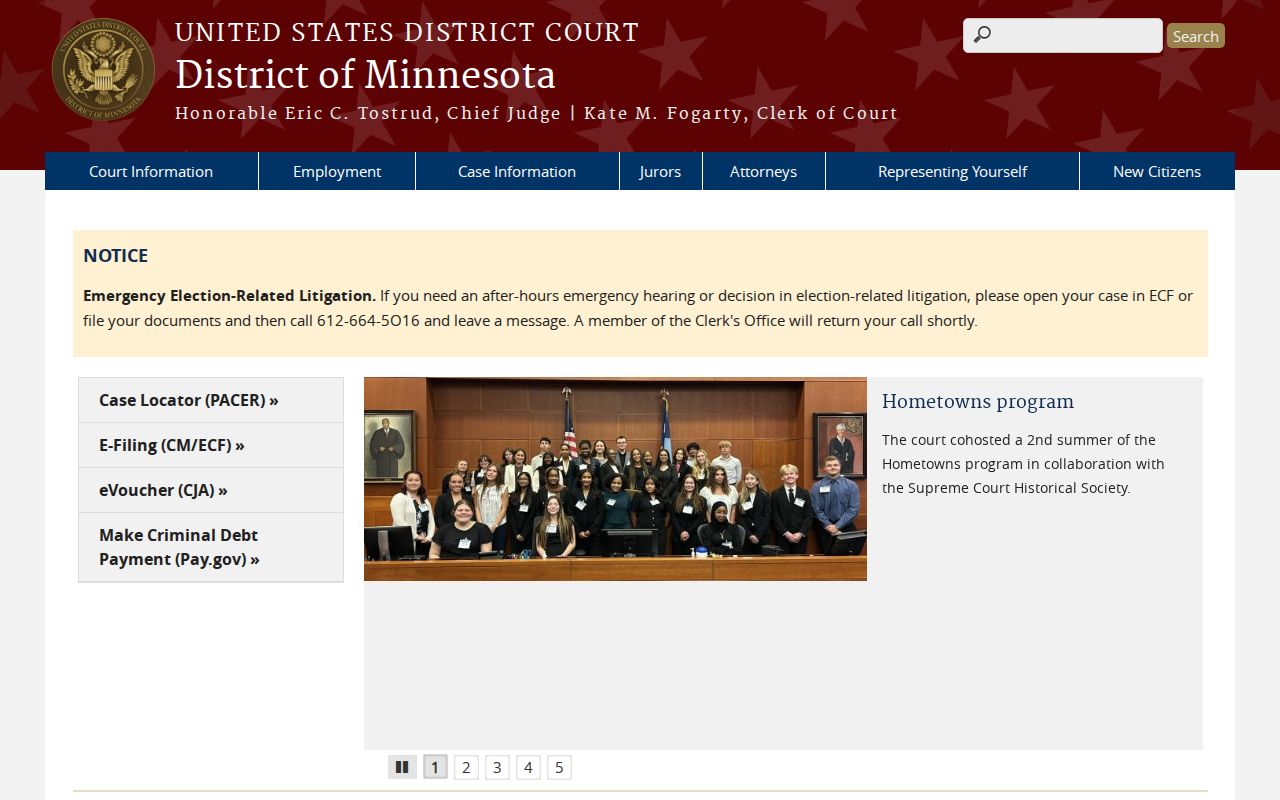 Federal District of Minnesota court page showing venues separate from Lincoln County state warrants