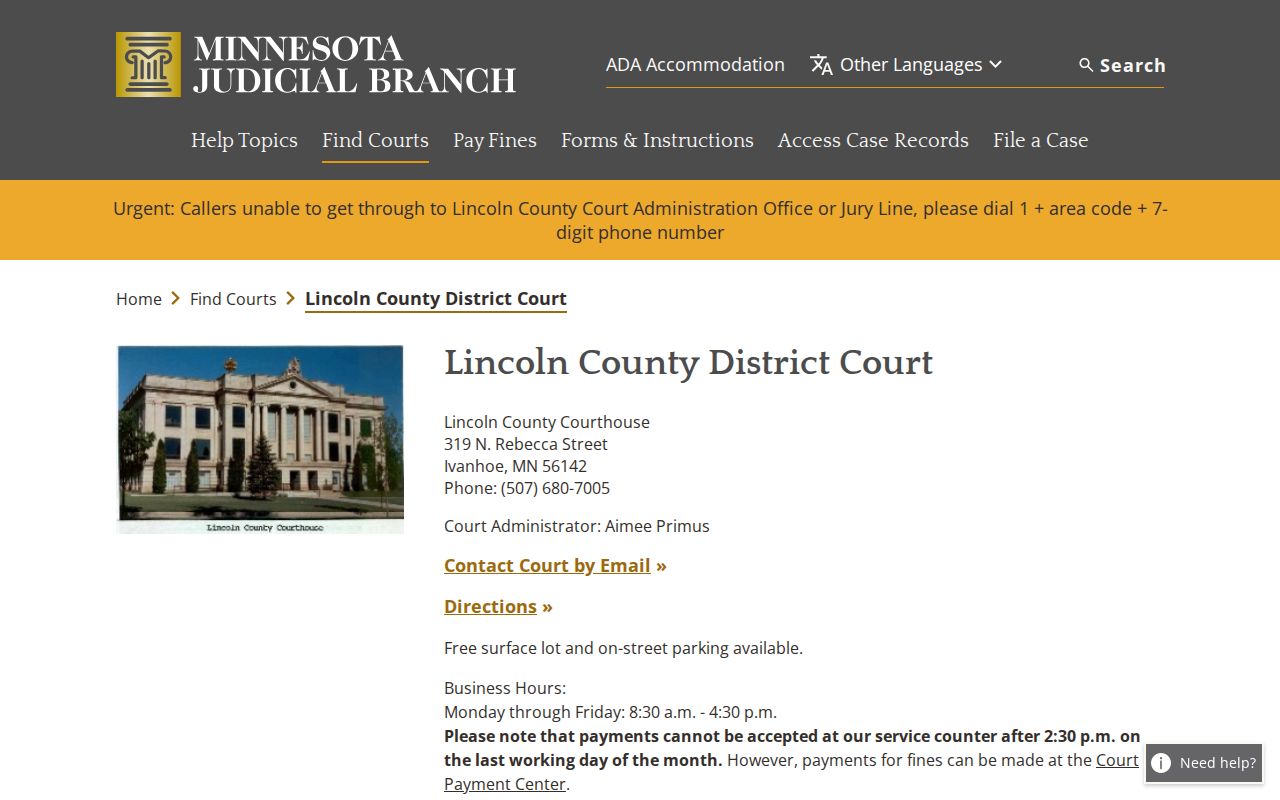 Lincoln County District Court courthouse and public counter information in Ivanhoe